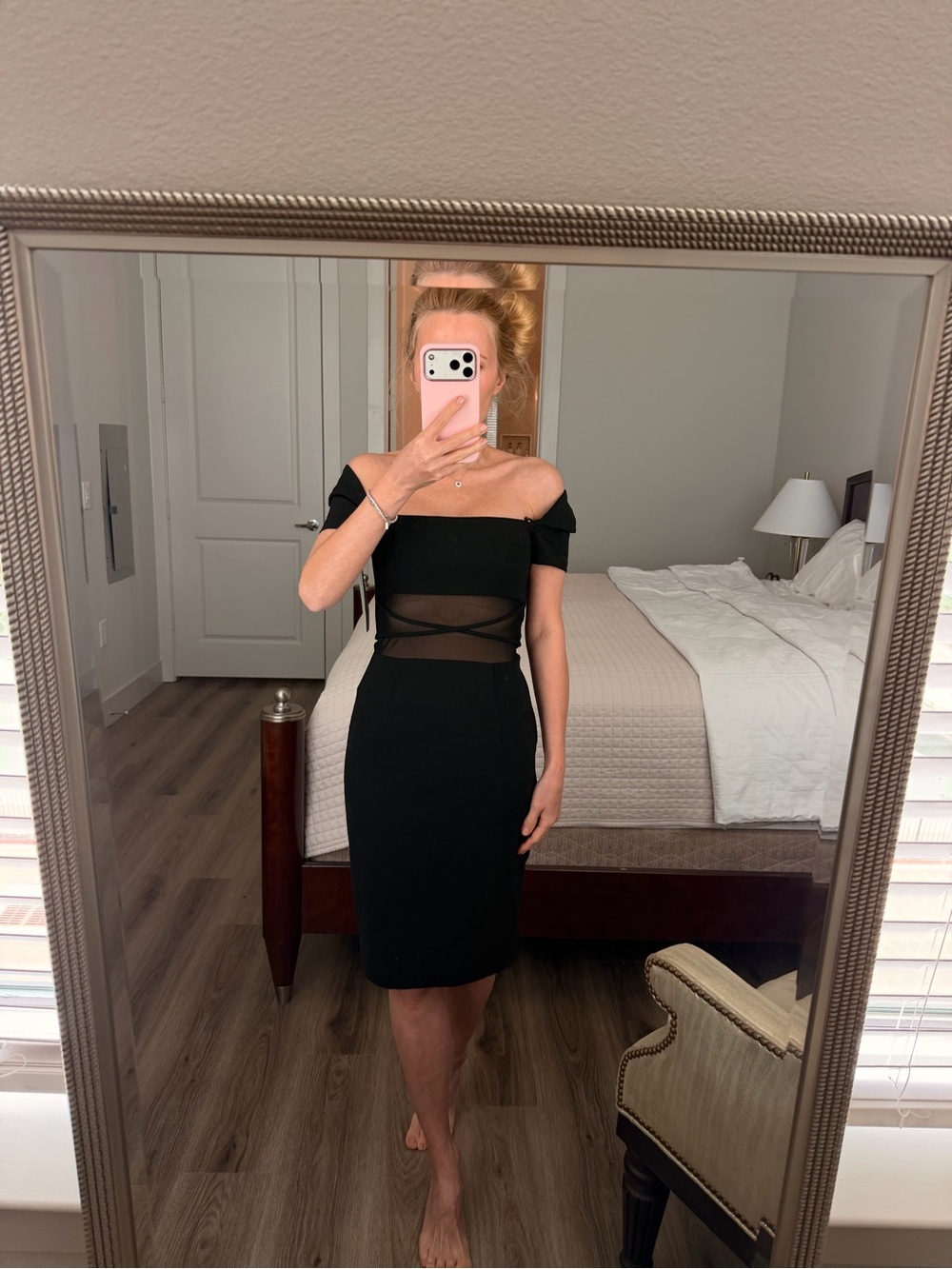 Black Halo Black Off-Shoulder Midi Dress with Sheer Waist Panel
